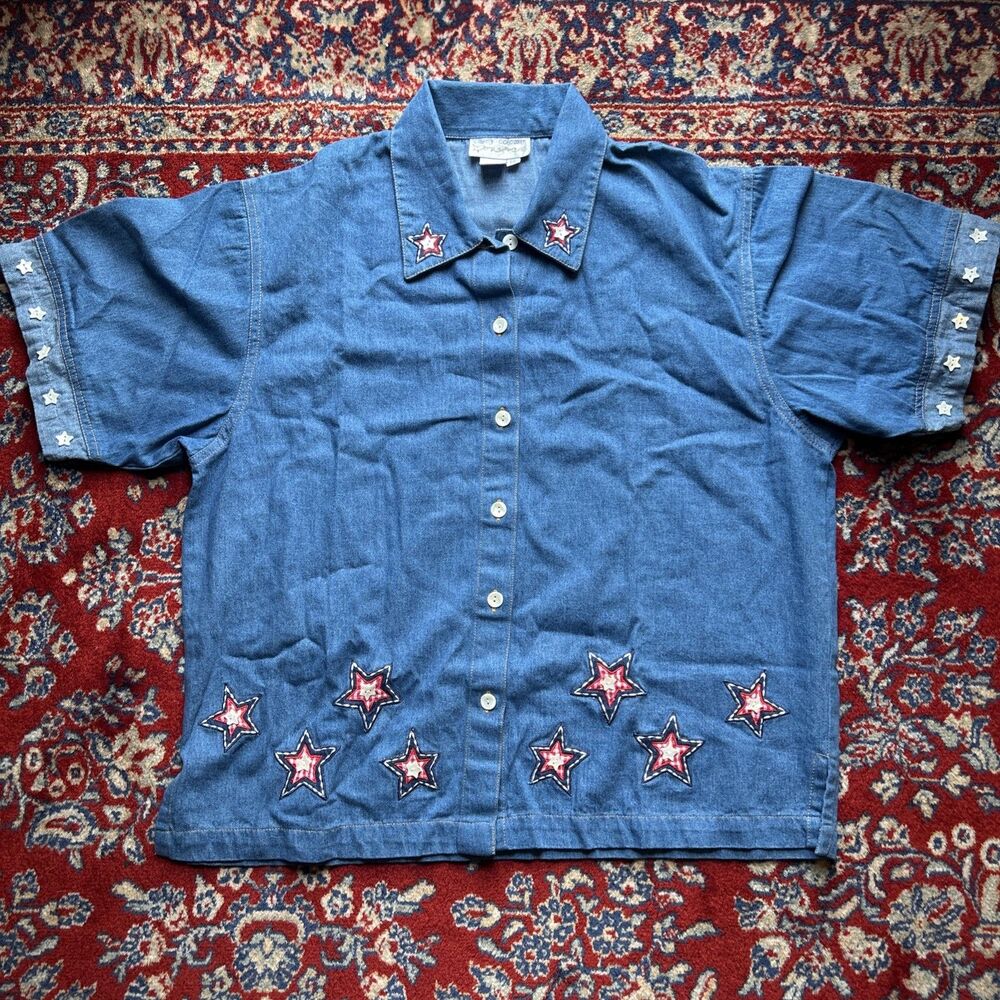 Vtg. Casey Coleman Woman’s 4TH OF JULY Denim Button Embroidered Shirt Size 1X